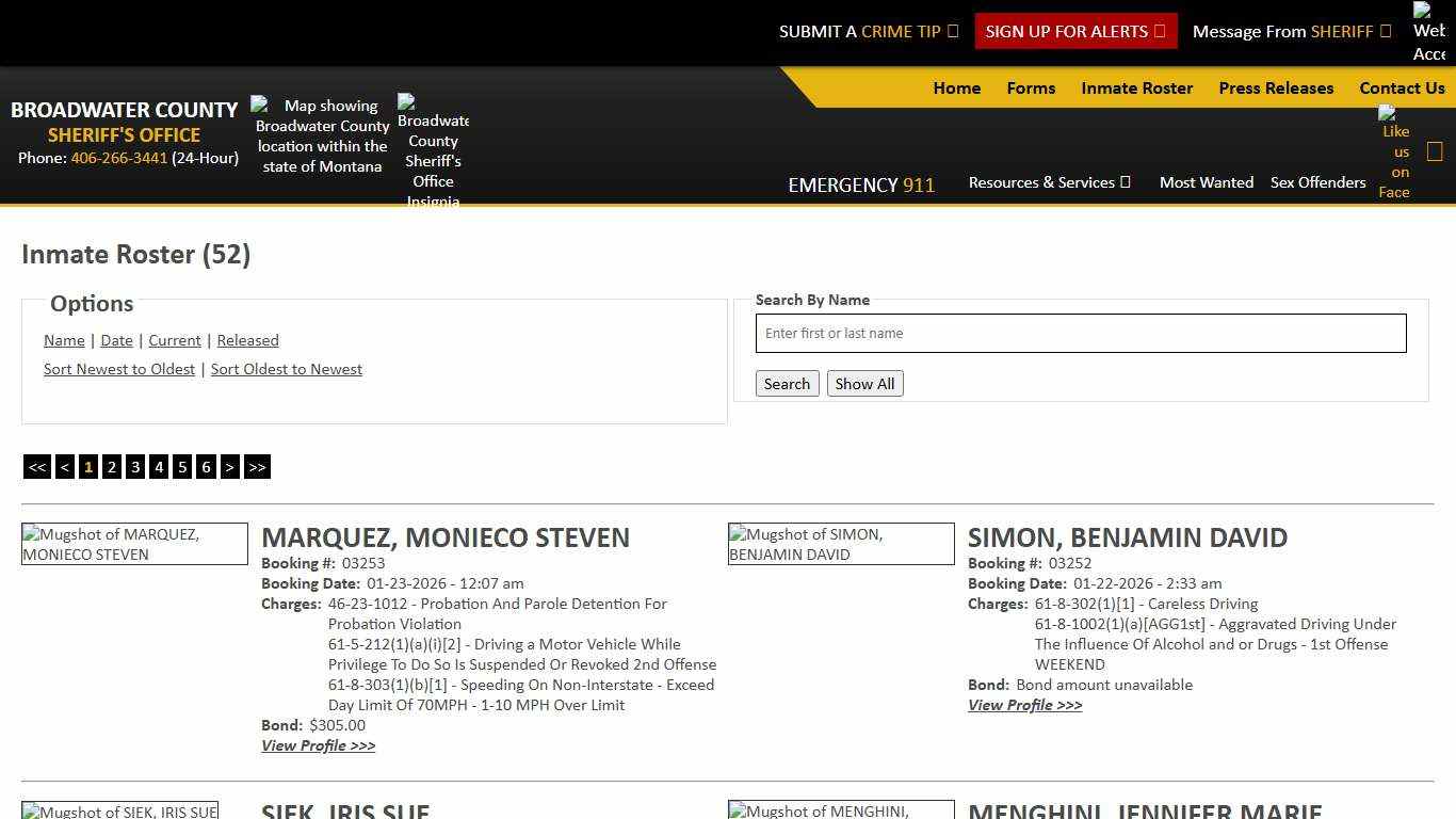 Inmate Roster - Current Inmates Booking Date Descending - Broadwater County Sheriff